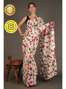 Isadora Life - Womens Floral Printed White Pre-Draped Saree With Unstitched Blouse