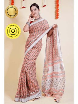 Isadora Life - Womens Floral Hand Block Peach Pre-Draped Saree With Unstitched Blouse