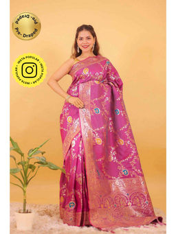 Isadora Life - Womens Woven Zari Pink Pre-Draped Saree With Unstitched Blouse