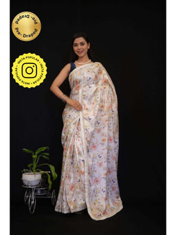 Isadora Life - Womens Floral Printed White Pre-Draped Saree With Unstitched Blouse