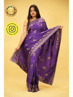 Isadora Life - Womens Woven Zari Purple Pre-Draped Saree With Unstitched Blouse