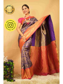 Isadora Life - Womens Woven Zari Blue Pre-Draped Saree With Unstitched Blouse