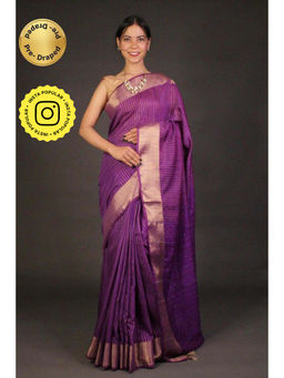 Isadora Life - Womens Stripes Tassels Purple Pre-Draped Saree With Unstitched Blouse