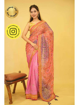Isadora Life - Womens Bandhani Printed Pink Pre-Draped Saree With Unstitched Blouse