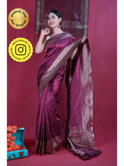 Isadora Life - Womens Woven Tassels Wine Pre-Draped Saree With Unstitched Blouse