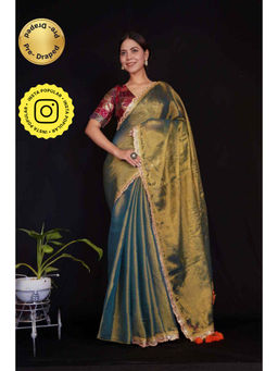 Isadora Life - Womens Embroidered Tassels Olive Pre-Draped Saree With Unstitched Blouse