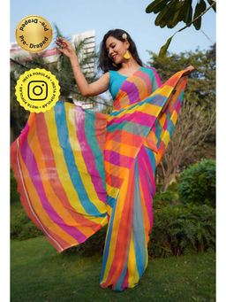 Isadora Life - Womens Printed Stripes Multi-Color Pre-Draped Saree With Unstitched Blouse