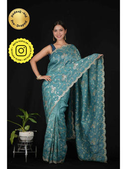 Isadora Life - Womens Embroidered Sequined Blue Pre-Draped Saree With Unstitched Blouse