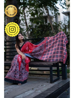 Isadora Life - Womens Floral Printed Red Pre-Draped Saree With Unstitched Blouse