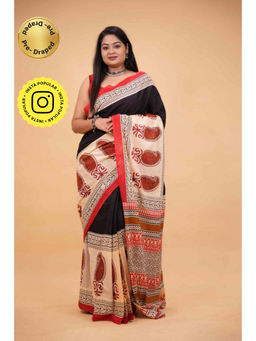 Isadora Life - Womens Printed Black Pre-Draped Saree With Unstitched Blouse