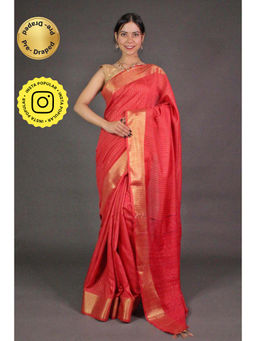 Isadora Life - Womens Stripes Tassels Red Pre-Draped Saree With Unstitched Blouse