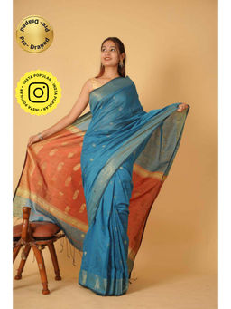 Isadora Life - Womens Paisley Tassels Blue Pre-Draped Saree With Unstitched Blouse