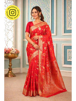 Isadora Life - Womens Woven Zari Red Pre-Draped Saree With Unstitched Blouse