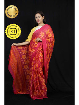 Isadora Life - Womens Floral Printed Pink Pre-Draped Saree With Unstitched Blouse