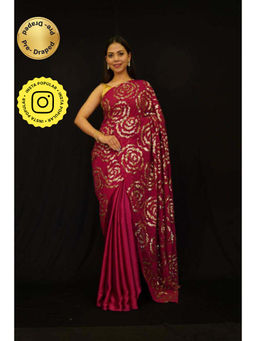 Isadora Life - Womens Floral Sequined Red Pre-Draped Saree With Unstitched Blouse