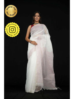 Isadora Life - Womens Stripes Tassels White Pre-Draped Saree With Unstitched Blouse