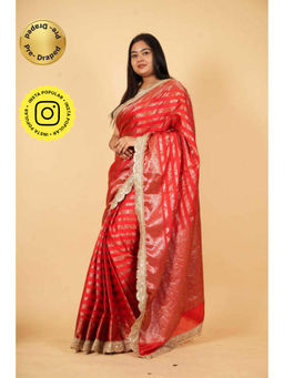 Isadora Life - Womens Stripes Embroidered Red Pre-Draped Saree With Unstitched Blouse