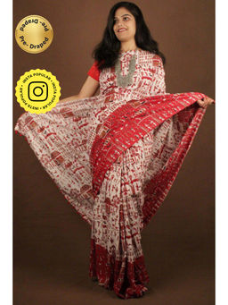 Isadora Life - Womens Kalamkari Printed White Pre-Draped Saree With Unstitched Blouse