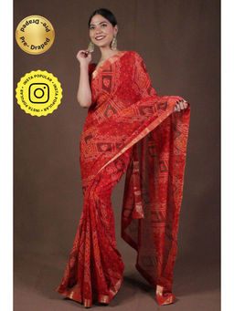 Isadora Life - Womens Printed Red Pre-Draped Saree With Unstitched Blouse