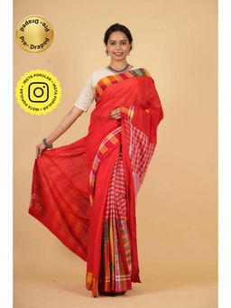 Isadora Life - Womens Printed Red Pre-Draped Saree With Unstitched Blouse