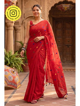 Isadora Life - Womens Embroidered Tassels Red Pre-Draped Saree With Unstitched Blouse
