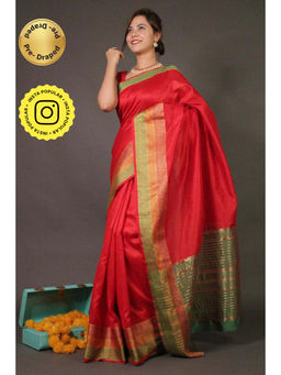 Isadora Life - Womens Woven Zari Red Pre-Draped Saree With Unstitched Blouse