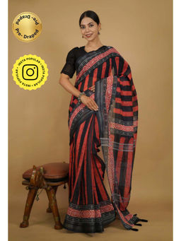 Isadora Life - Womens Printed Stripes Black Pre-Draped Saree With Unstitched Blouse