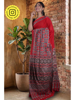 Isadora Life - Womens Printed Red Pre-Draped Saree With Unstitched Blouse