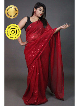 Isadora Life - Womens Sequined Red Pre-Draped Saree With Unstitched Blouse