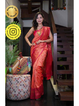 Isadora Life - Womens Woven Zari Orange Pre-Draped Saree With Unstitched Blouse