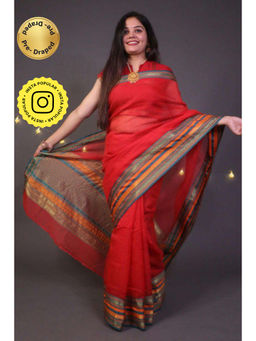 Isadora Life - Womens Woven Zari Red Pre-Draped Saree With Unstitched Blouse