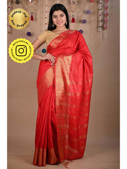 Isadora Life - Womens Woven Tassels Red Pre-Draped Saree With Unstitched Blouse