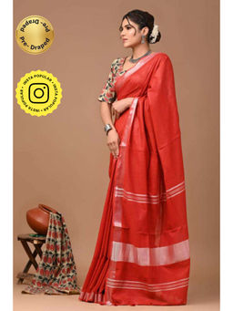 Isadora Life - Womens Solid Woven Orange Pre-Draped Saree With Unstitched Blouse
