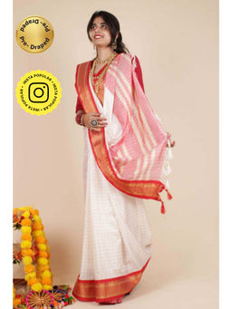 Isadora Life - Womens Checks Tassels White Pre-Draped Saree With Unstitched Blouse