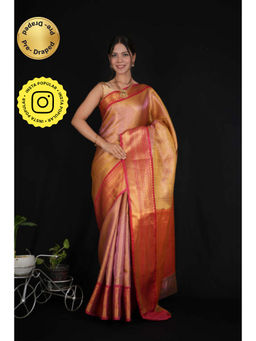 Isadora Life - Womens Woven Zari Orange Pre-Draped Saree With Unstitched Blouse