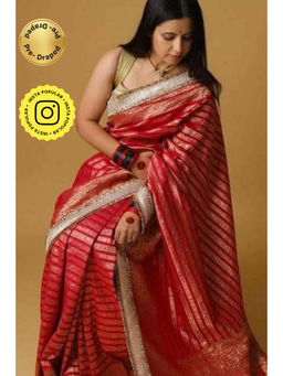 Isadora Life - Womens Woven Embroidered Red Pre-Draped Saree With Unstitched Blouse