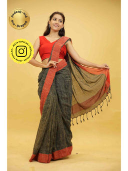 Isadora Life - Womens Woven Tassels Green Pre-Draped Saree With Unstitched Blouse