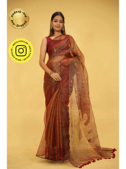 Isadora Life - Womens Sequined Tassels Brown Pre-Draped Saree With Unstitched Blouse