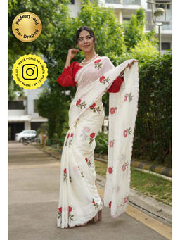 Isadora Life - Womens Embroidered White Pre-Draped Saree With Unstitched Blouse