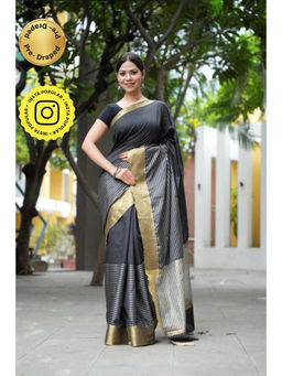 Isadora Life - Womens Stripes Zari Black Pre-Draped Saree With Unstitched Blouse