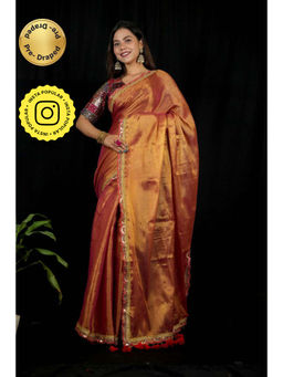 Isadora Life - Womens Solid Tassels Copper Pre-Draped Saree With Unstitched Blouse