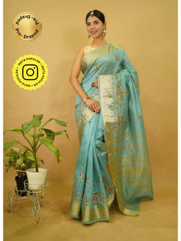 Isadora Life - Womens Floral Embroidered Blue Pre-Draped Saree With Unstitched Blouse
