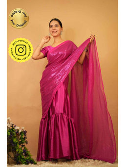 Isadora Life - Womens Embroidered Sequined Pink Pre-Draped Saree With Unstitched Blouse