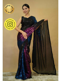 Isadora Life - Womens Sequined Multi-Color Pre-Draped Saree With Unstitched Blouse