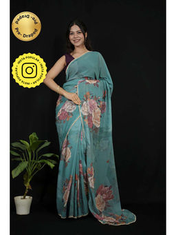 Isadora Life - Green Georgette Floral Pearl Border Saree With Unstitched Blouse