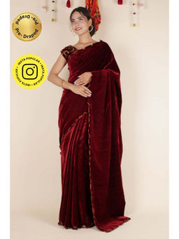 Isadora Life - Womens Solid Gota Maroon Pre-Draped Saree with Unstitched Blouse