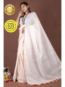 Isadora Life - Womens Solid Tassels White Pre-Draped Saree with Unstitched Blouse