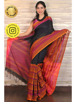 Isadora Life - Womens Woven Tassels Black Pre-Draped Saree with Unstitched Blouse