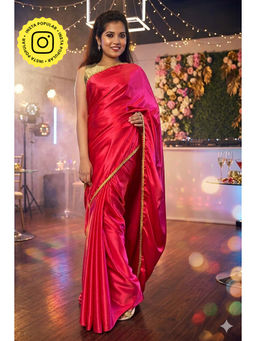 Isadora Life - Womens Solid Embroidered Red Pre-Draped Saree with Unstitched Blouse