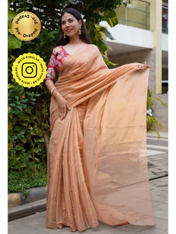 Isadora Life - Womens Solid Zari Beige Pre-Draped Saree with Unstitched Blouse
